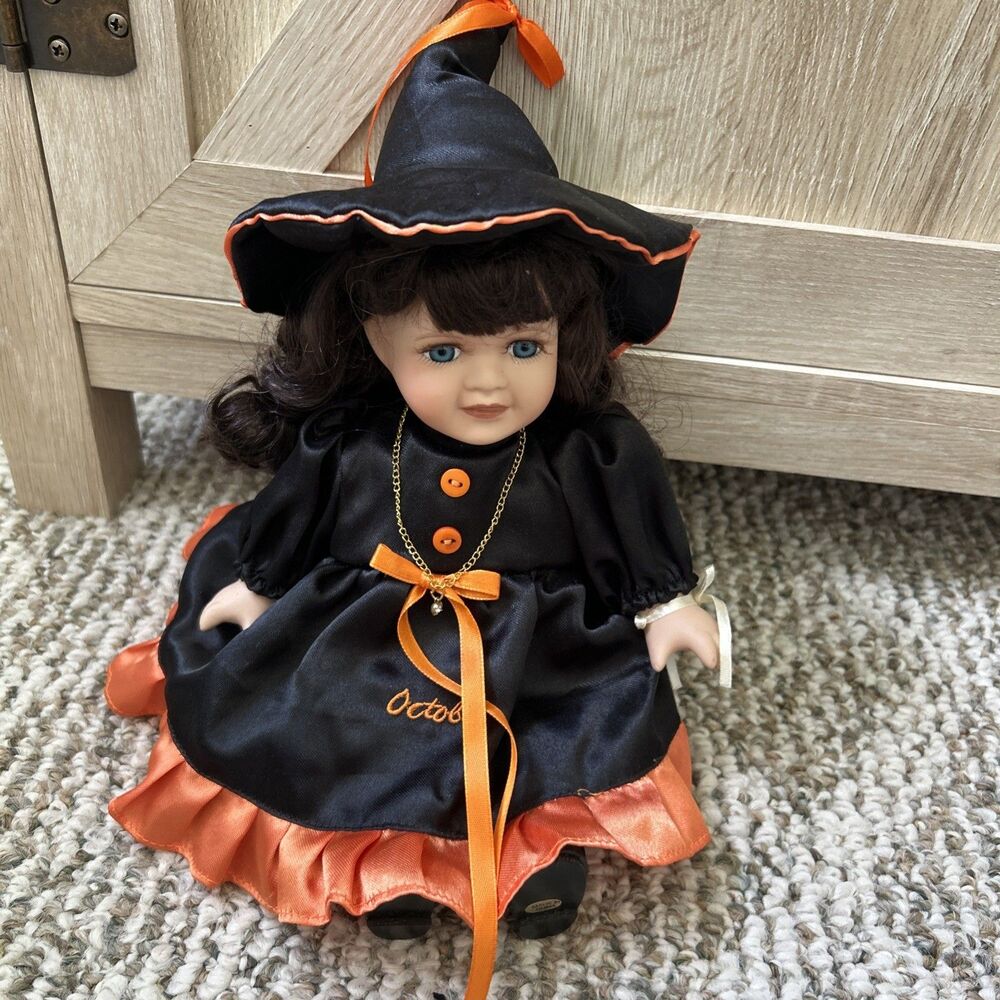 Halloween Witch October Seated Doll Porcelain Deco Black Orange Dress Hat Fall